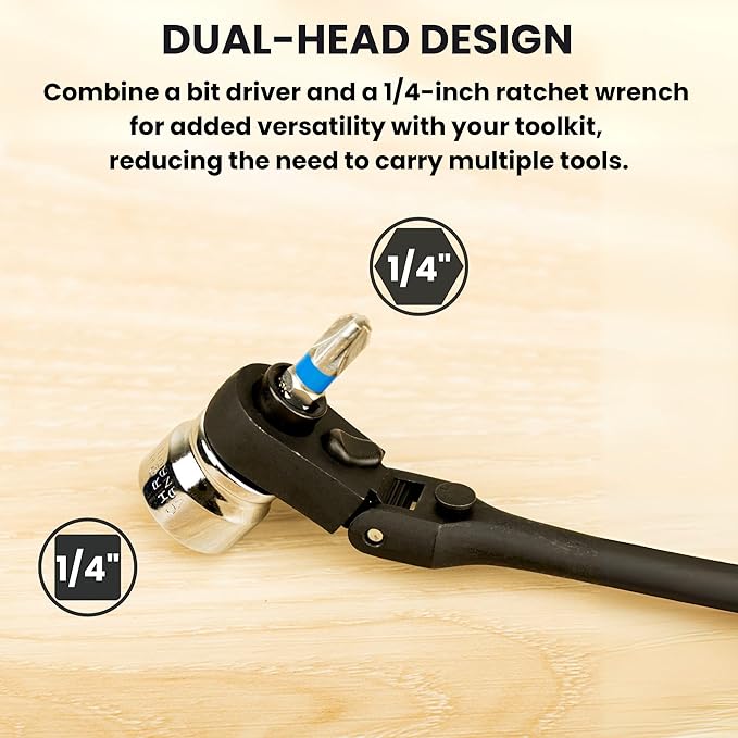 1/4" Drive Dual Flex Head Ratchet & Bit Driver – 6-inch long, 72-Tooth, 5° Swing Arc, High Torque, Chrome Vanadium Steel