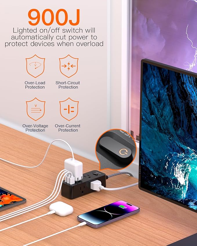 Extension Cord 20FT, BESHON Power Strip Surge Protector, 6 Outlets with 3 USB Ports(1 USB C Outlet), 3-Side Outlet Extender, Wall Mount, Compact for Travel, Home, College Dorm Room, and Office, Black