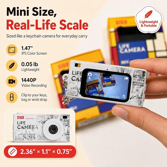 Mini Keychain Digital Camera, 1440P Video, 2MP Photos, 16GB Card, Type C