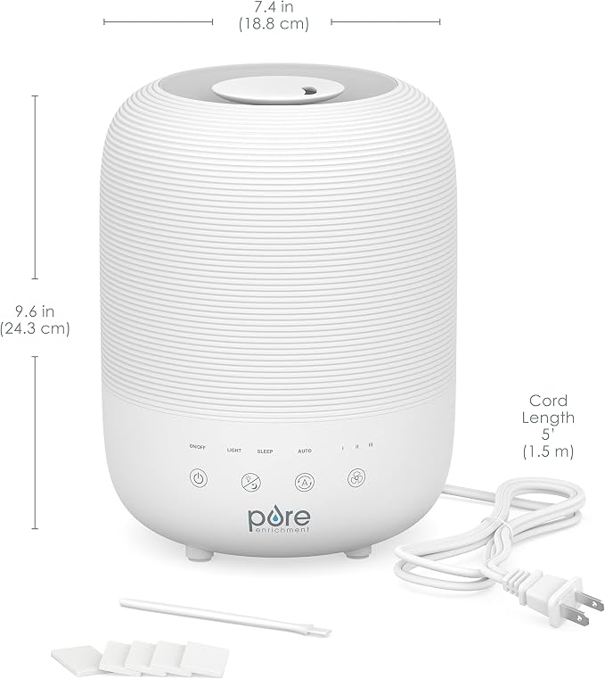 Pure Enrichment® HUME™ Sense Top Fill Humidifier – Large 3L Tank, Auto Mode Humidity Sensor, 3 Mist Settings, Optional Night Light, Optional Aromatherapy, Sleep Mode & Auto Shut-Off