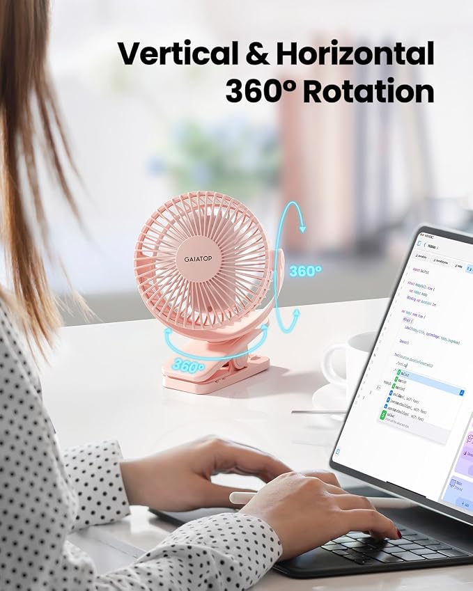 Gaiatop Portable Clip on Fan Battery Operated, Small Powerful 3 Speed Quiet 360° Rotate, USB Rechargeable Mini Personal Cooling Fan for Desk Table Home Office Stroller Camping Women Gifts Pink