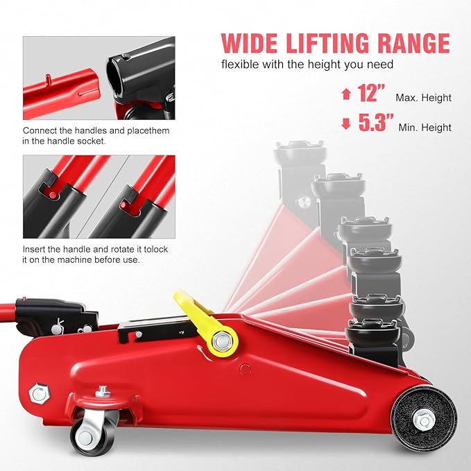 PM PERFORMOTOR Low Profile Hydraulic Trolley Service/Floor Jack, 1.5 Ton (3000 lbs) Capacity, Lifting Range 5.3"-12",Red,PM-TOL-FJ15-RD