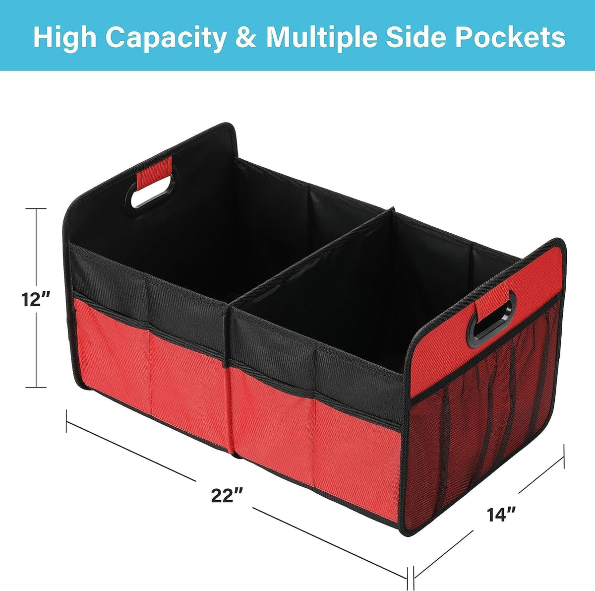 Simple Deluxe Trunk Organizer for Car/SUV/Truck, Collapsible 2 Compartment 50L Automotive Storage Box with 5 Pocket, 600D Waterproof Oxford Polyester, Anti-slip & Leak-proof, Red