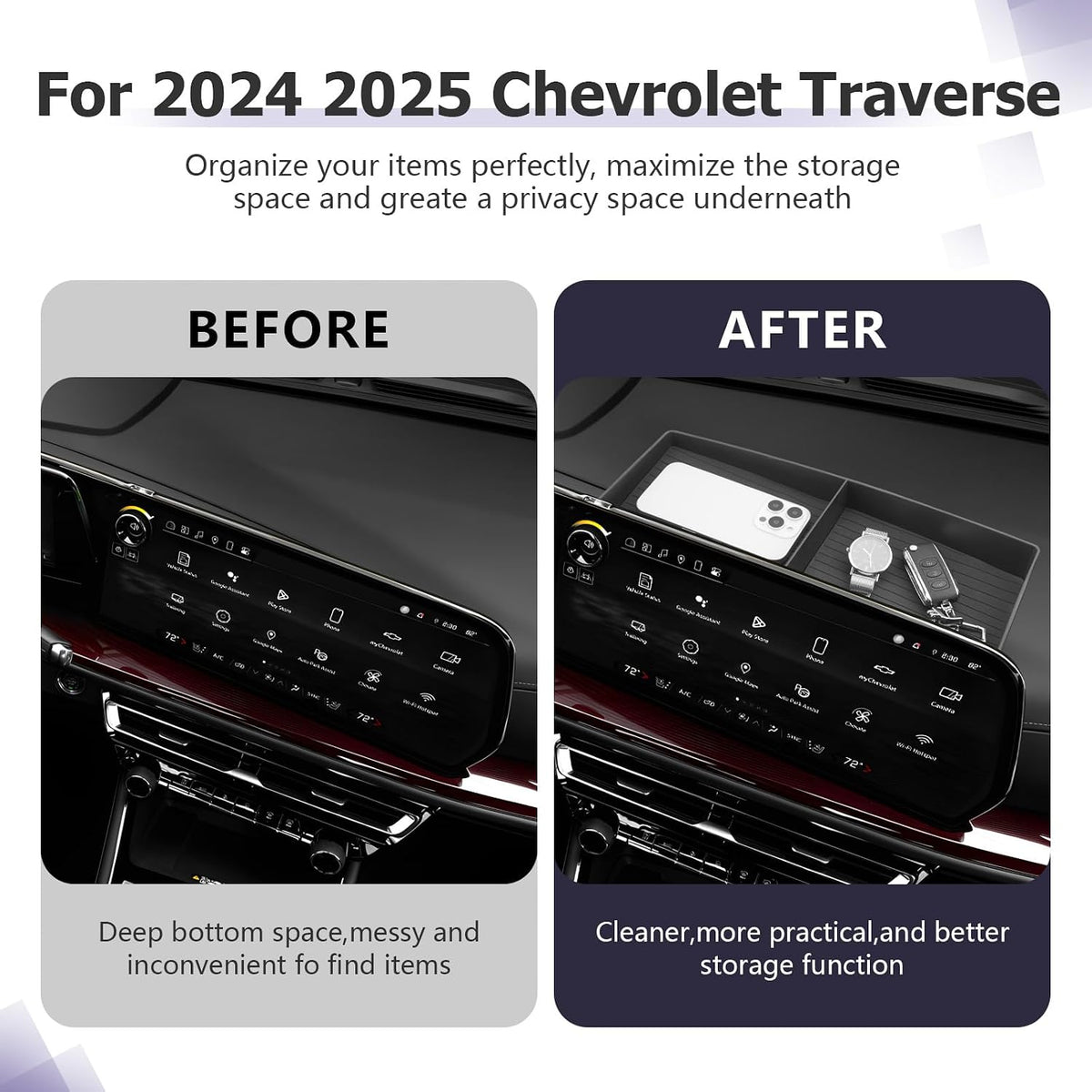 LUWU 2026 2027 Traverse Dashboard Storage Tray Compatible with 2024 2025 2026 2027 Chevrolet Traverse Accessories Behind Screen Organizer 2027 Traverse Accessories Center Console Display Box Dash Tray