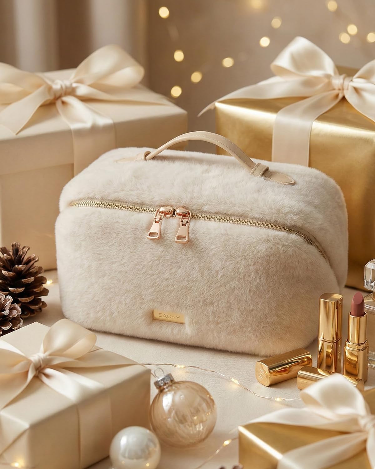 EACHY Travel Makeup Bag for Women, Faux Fur Cosmetic Bag, Beige, Medium