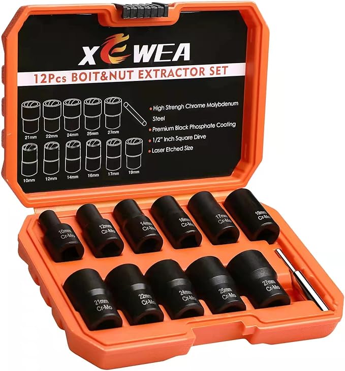 XEWEA 12PCS Lug Nut Remover Set, 1/2-Inch Drive Stripped Wheel Lock Removal Extractor Twist Socket Kit for Removing Damaged, Frozen, Rusted, Studs, Rounded-Off Bolts Nuts Screws