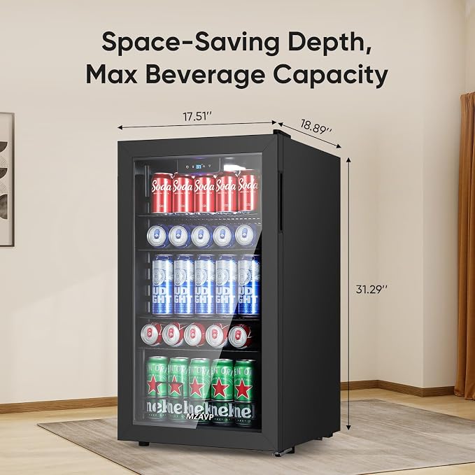 120 Can Beverage Refrigerator, Freestanding Beverage Cooler with Digital Temperature Display, Mini Drink Beer Soda Fridge for Office or Bar, White Indicator Light & Reversible Door - Black