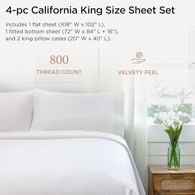 Threadmill Luxury 800 Thread Count California King 100% Cotton Sheets - Hotel White Sateen Weave Bed-Sheets, Better Than Egyptian Cotton, 4 Pc Solid Bed Set, Fits 16" Deep Pocket