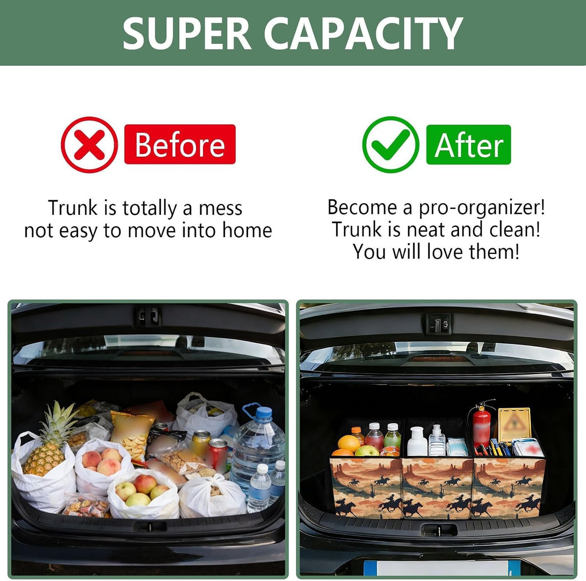 Trunk Organizer Collapsible Car Organizer with Handle Car Storage Box Bin for Groceries SUV Utility Tote Bag Portable Vehicle Container Beige Cowboy Gallop Western