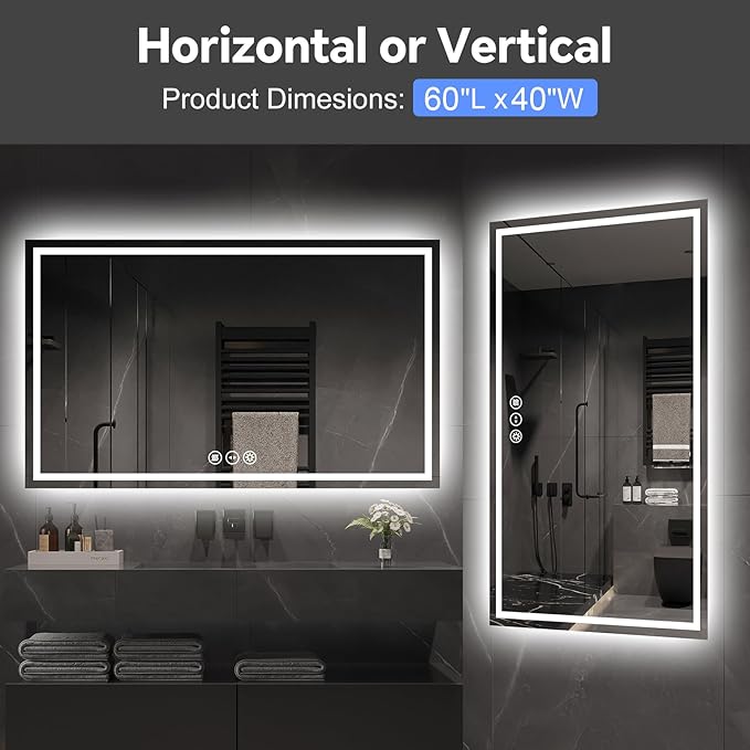 LED Bathroom Mirror 60x40 Inch Anti-Fog Bathroom Mirror with Lights, Wall Mounted Lighted Vanity Mirrors, Dimmable, Backlit + Front Lit, Smart Bathroom Vanity Mirror with 3 Colors Temperature