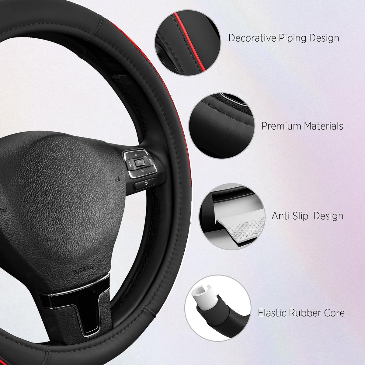Road Comforts Leather Steering Wheel Cover with Decorative Trim and Piping, Anti-Slip Breathable Design, Fits 14.5–15 Inch Round Steering Wheels, Snug Fit, Stylish Interior Upgrade - Red