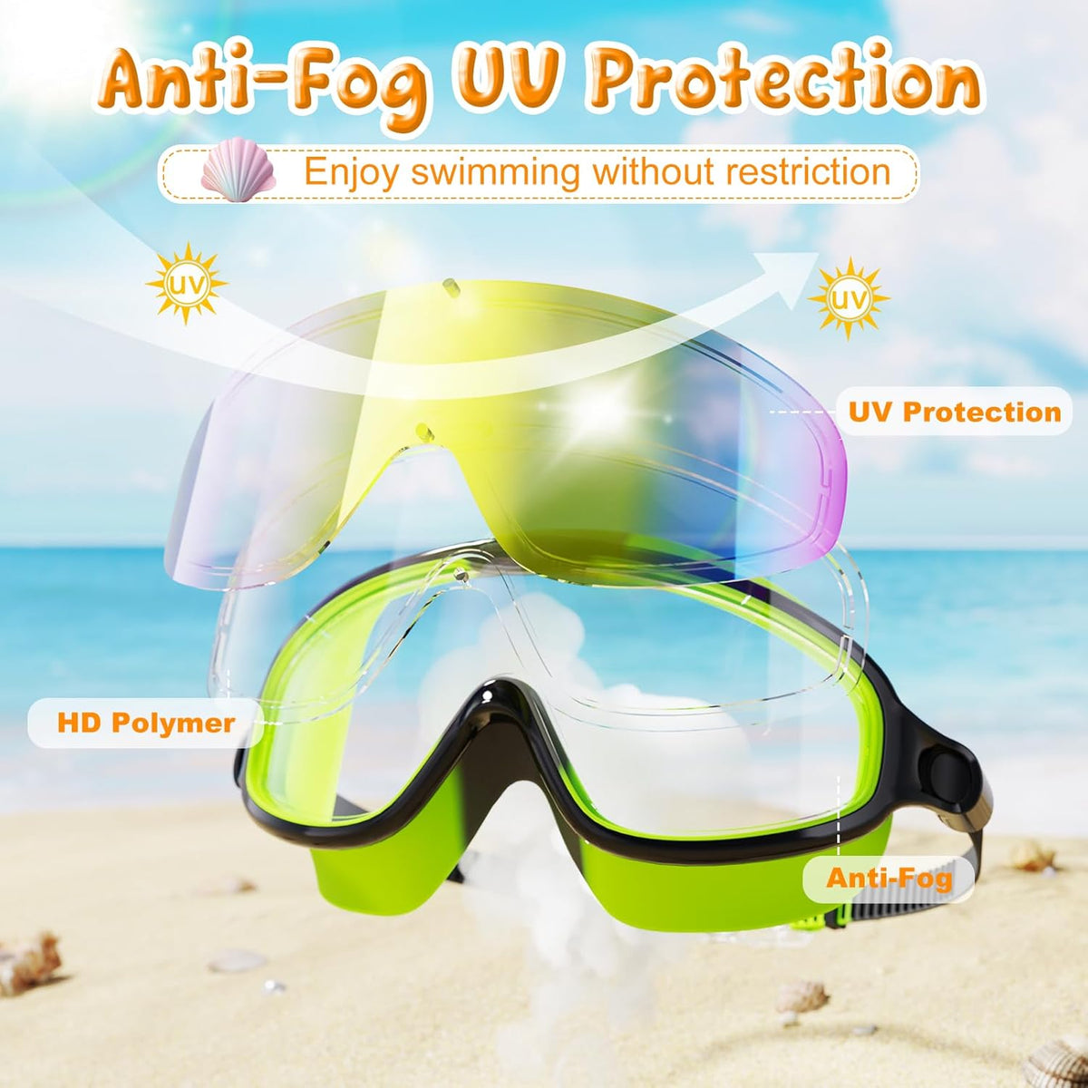 VegoVia Kids Swim Goggles - Anti-Fog UV Protection | Wide View for Ages 3-15 | 2-Pack