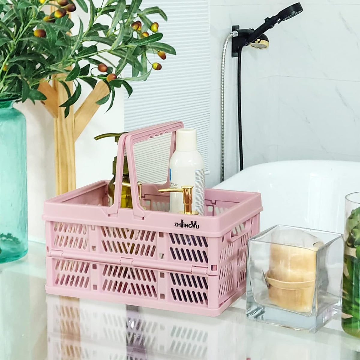 ZHJINGYU crates for storage,plastic baskets for organizing,collapsible shopping basket,foldable crate with Handles,collapsible storage crate,car basket,for Kitchen,Bathroom,Medicine.small,Pink