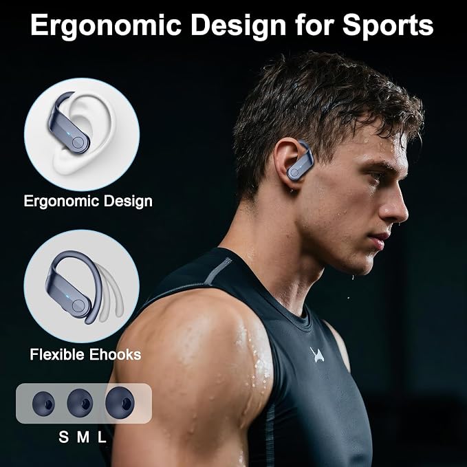 Ordtop Sport Wireless Earbuds with Earhooks, 70H, IPX8 Waterproof, Blue | Bluetooth 5.4, 4 ENC Microphones, Deep Bass Sound, LED Display, USB-C Fast Charging, Secure Fit For Running, Gym And Workouts