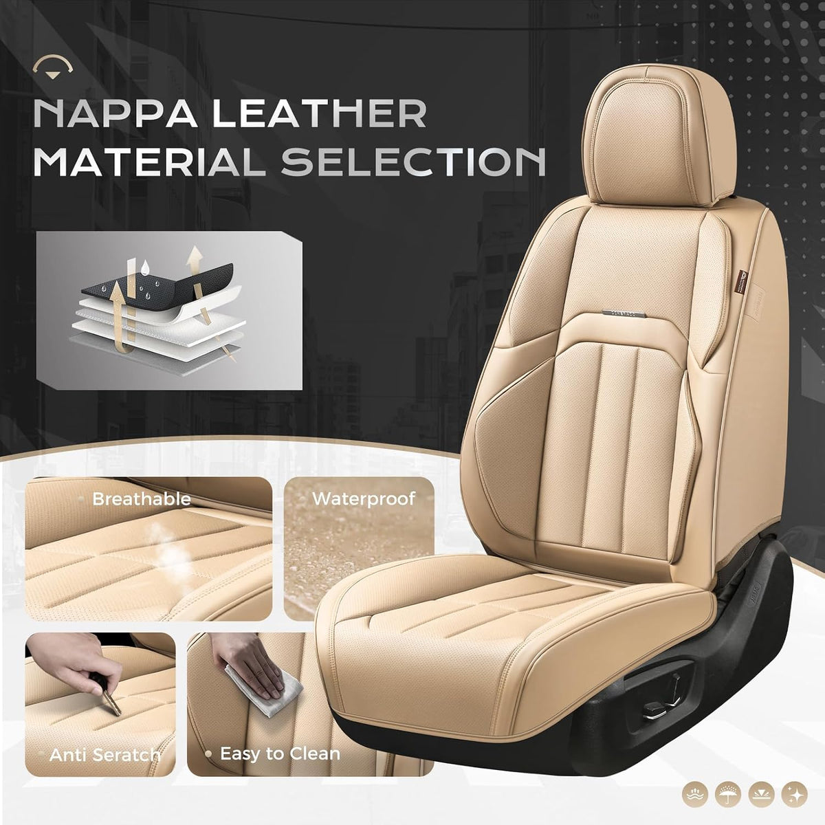 Coverado Nappa Leather Car Seat Covers Full Set, Luxury Waterproof Seat Protectors, Airbag Compatible Anti‑Slip Auto Seat Covers, Universal Fit for Most Cars SUVs Trucks Pickup Vehicles