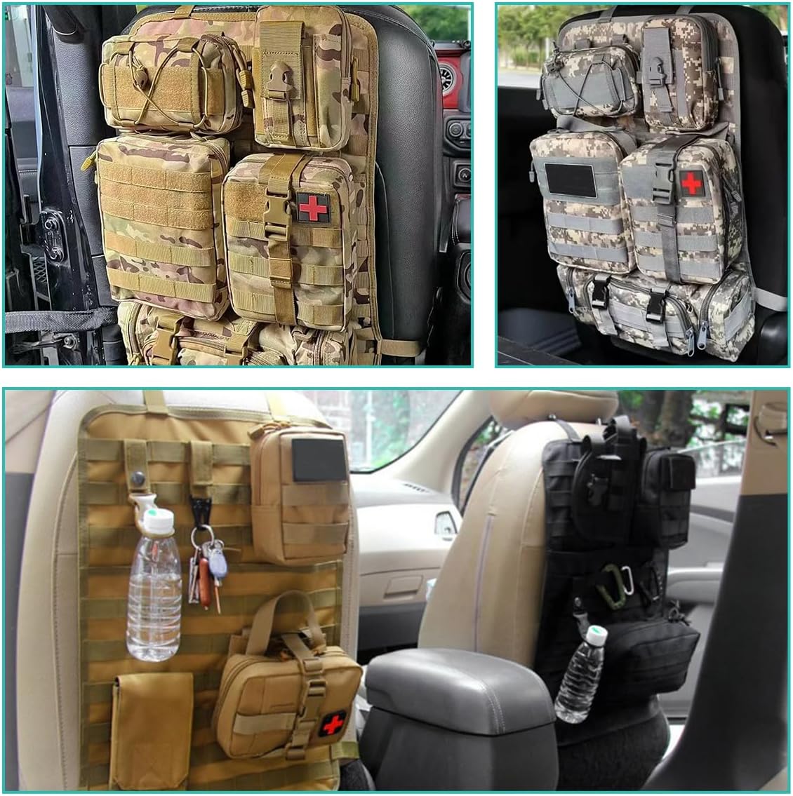 2 PCS Car Seat Back Organizer, Tactical MOLLE Sag Proof Vehicle Panel Backseat Cover Protector, Universal Molle Nylon Storage Bag Seat Back Hanger Pad for Car Truck SUV Pickup (Camouflage CP)