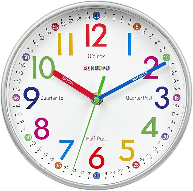 AIRUIFU Wall Clock for Kids Learning Tell Time Easily Non-Ticking Battery
