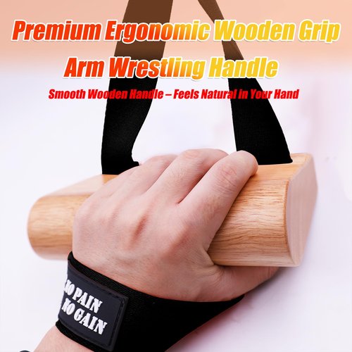 Ergonomic Arm Wrestling Handle with Wooden Grip, Wrist & Forearm Strength Training Attachment for Cable Machines (Black)