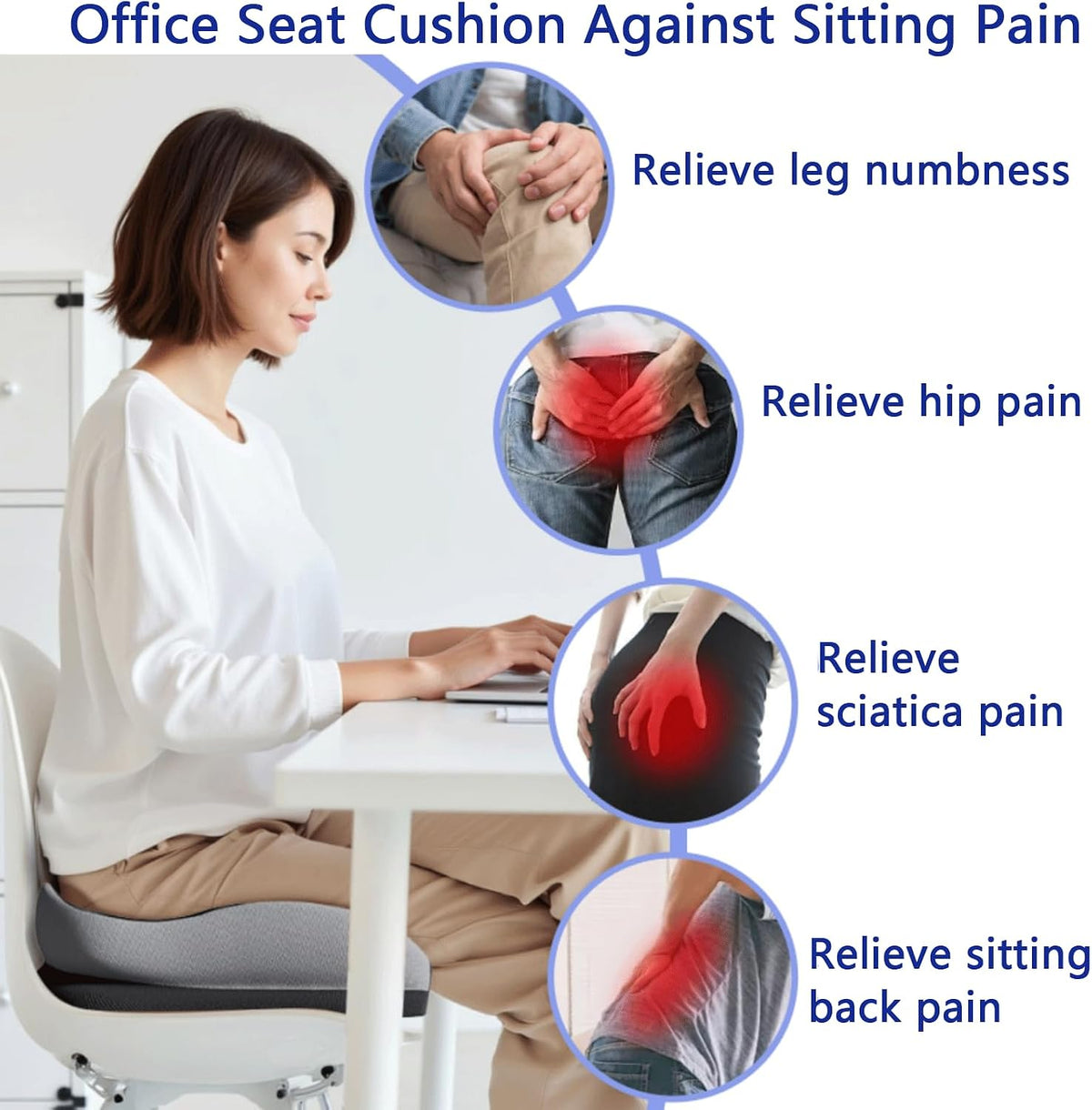 Seat Cushions for Office Chairs Wheelchair Cushion for Long Sitting Back Pain，Memory Foam Seat Car Computer Desk Chair Cushion，Coccyx Cushion for Tailbone Pain Relief Cushion Office Chair Black Blue