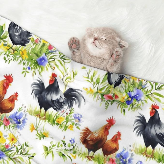 Two Sided Pet Cuddler Blanket for Anxiety Calming, Rooster Chicken Watercolor Flowers, Reversible Plush Design with Bubble Dot Pattern Provides Familiar Surface Anywhere