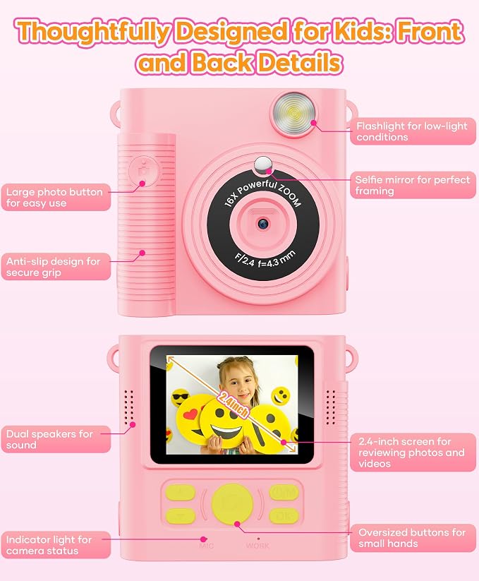 Kids Instant Print Camera Ages 3-12 1080P Selfie 2.4" Screen 32GB Gift Pink |