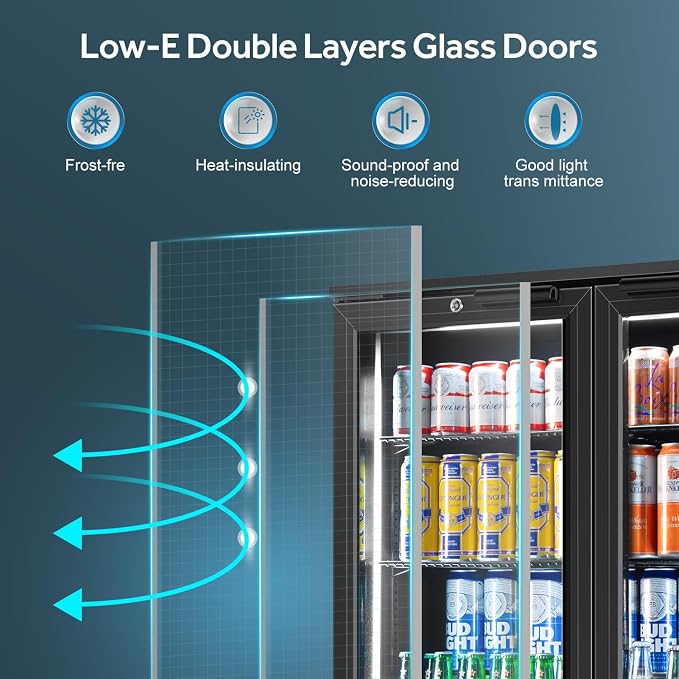 Back Bar Cooler 2 Door 216 Can Black | built-in/free, fast cool, temp memory, 2 locks, LED, low-e glass