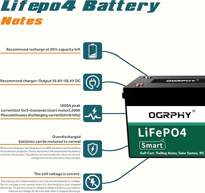 48 Volt Lithium Battery for Golf Cart with 18A Charger, 48V Lithium Battery with 200A BMS, LCD & Mobile Monitor, 5.12kWh with 10.24kW Output, 1000A Peak Current for Golf Cart(100AH)