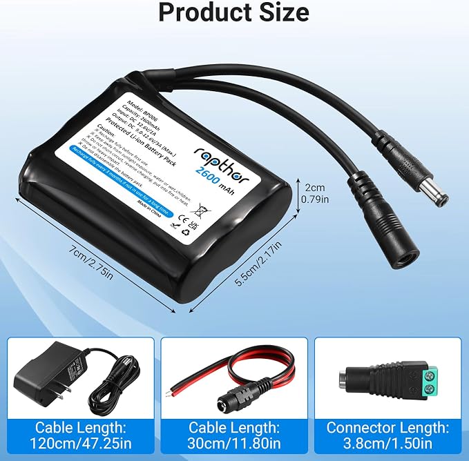 rapthor Rechargeable 12V 2600mAh Lithium ion Battery Pack with Charger Compatible with 12V Devices, Bike Light, DIY Project, Radio, Fishing Light,LED Light Strip, CCTV Camera