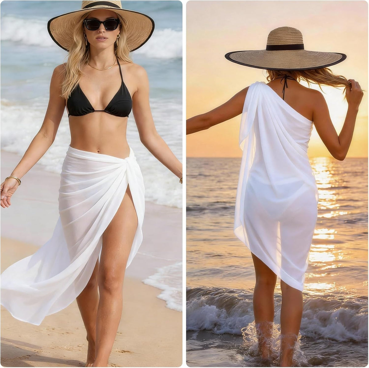 Skiennix Chiffon Sarong Wraps - Sheer Beach Cover-Up for Swimsuit | 2 Pcs One Size Set