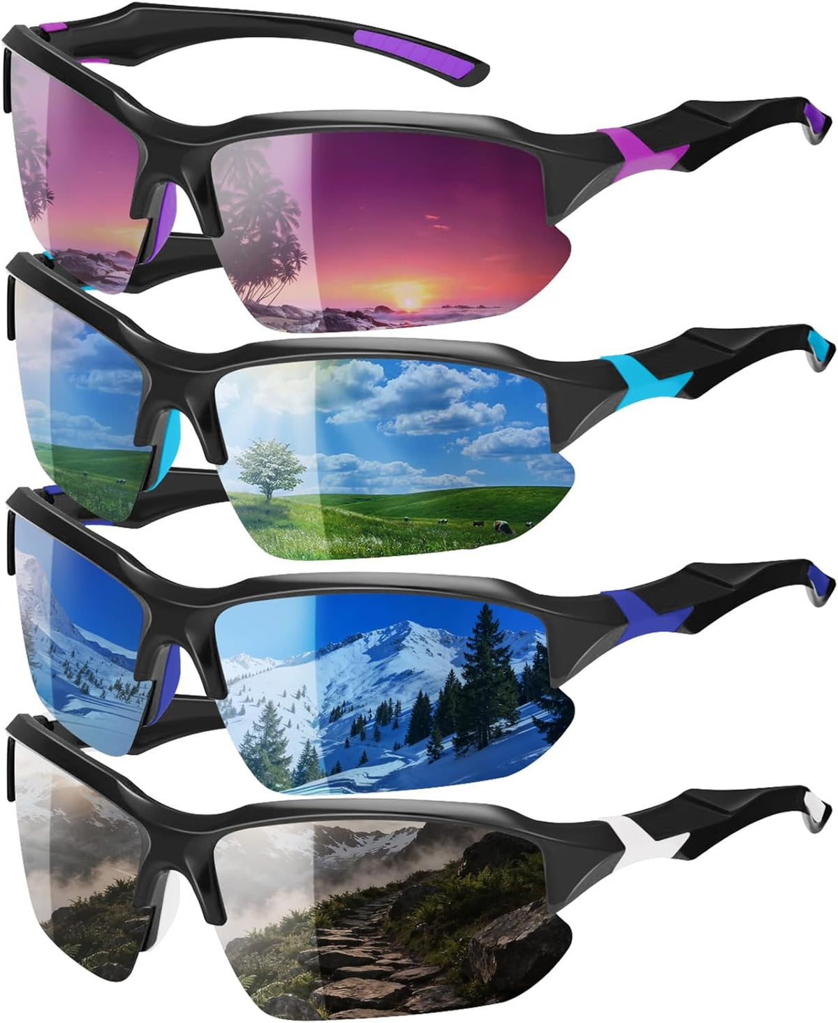 Skiennix Polarized Sports Sunglasses - UV Protection & Lightweight Wraparound Design | 4 Pack for Men & Women