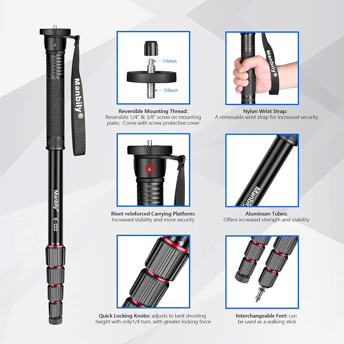 Manbily 65-Inch Camera Monopod, 5 Sections Aluminum Travel Monopod