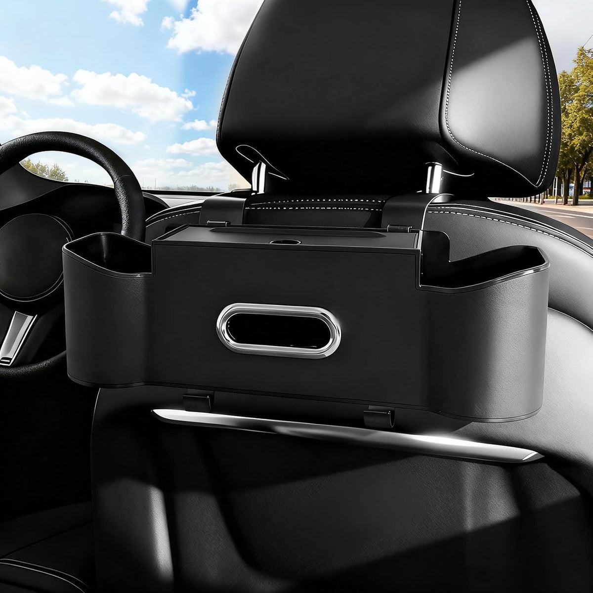 Car Backseat Organizer for Kids & Travelers - 4 in 1 Multifunctional Car Seat Back Storage with Cup Holder, Tissue Box, Snack/Handbag Holder - Nappa Leather Universal Fit for SUV/Van/Sedan (Black)