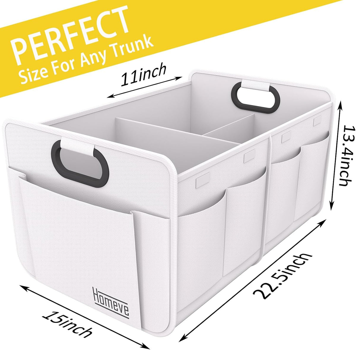 Homeve Car Trunk Organizer for SUV, 18.5Gal Large Capacity No-Sag Heavy Duty, Foldable Waterproof Anti-Slip Storage with 12 Pockets, Fit Sedan, Truck, Universal Car Accessories, White, 2 Compart,Large