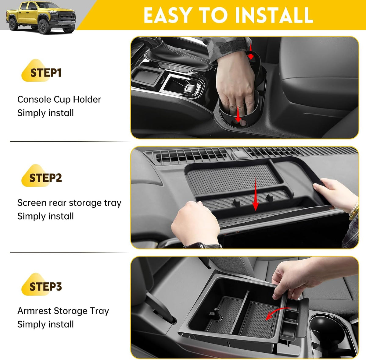3PCS Center Console Organizer for 2023-2025 Chevy Chevrolet Colorado/GMC Canyon Armrest Tray Dashboard Storage Box and Cupholder Insert for 2023 2024 2025 Colorado/Canyon Accessories