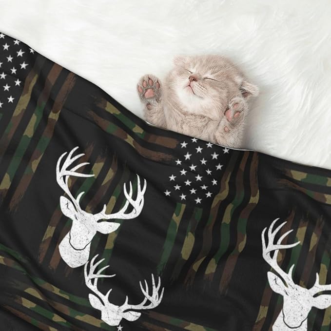 Double Sided Plush Pet Blanket with Cozy Dot Texture and Smooth Reverse, Deer Camo Camouflage American Flag Hunting Black, Reversible Throw for Dogs Cats on Couches Beds Crates