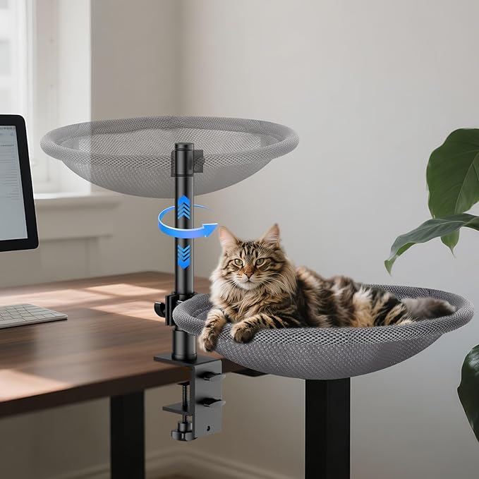 Cat Desk Bed & Perch - Breathable Soft Mesh Cat Hammock Nest for Home Office Desk, 360° Flexible Adjustable, Holds Up to 60 lbs for Gaming/Study Table (Grey)
