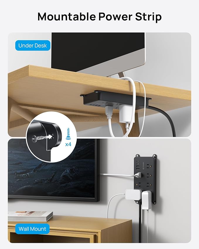 TROND 360° Rotating Plug Power Strip, ETL Listed, Flat Plug 10ft Extension Cord, 2 USB-A and 2 USB-C, Wall Mountable, 7 Widely-Spaced Outlets, 1700J Surge Protector, for Home Office, Black
