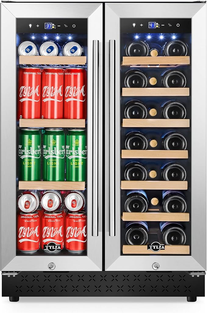 24" Dual Zone Wine and Beverage Cooler Quiet Compressor | Dual zone, quiet <38dB, fast cool, smart touch, temp memory, built-in/free, 20 wine+88 cans