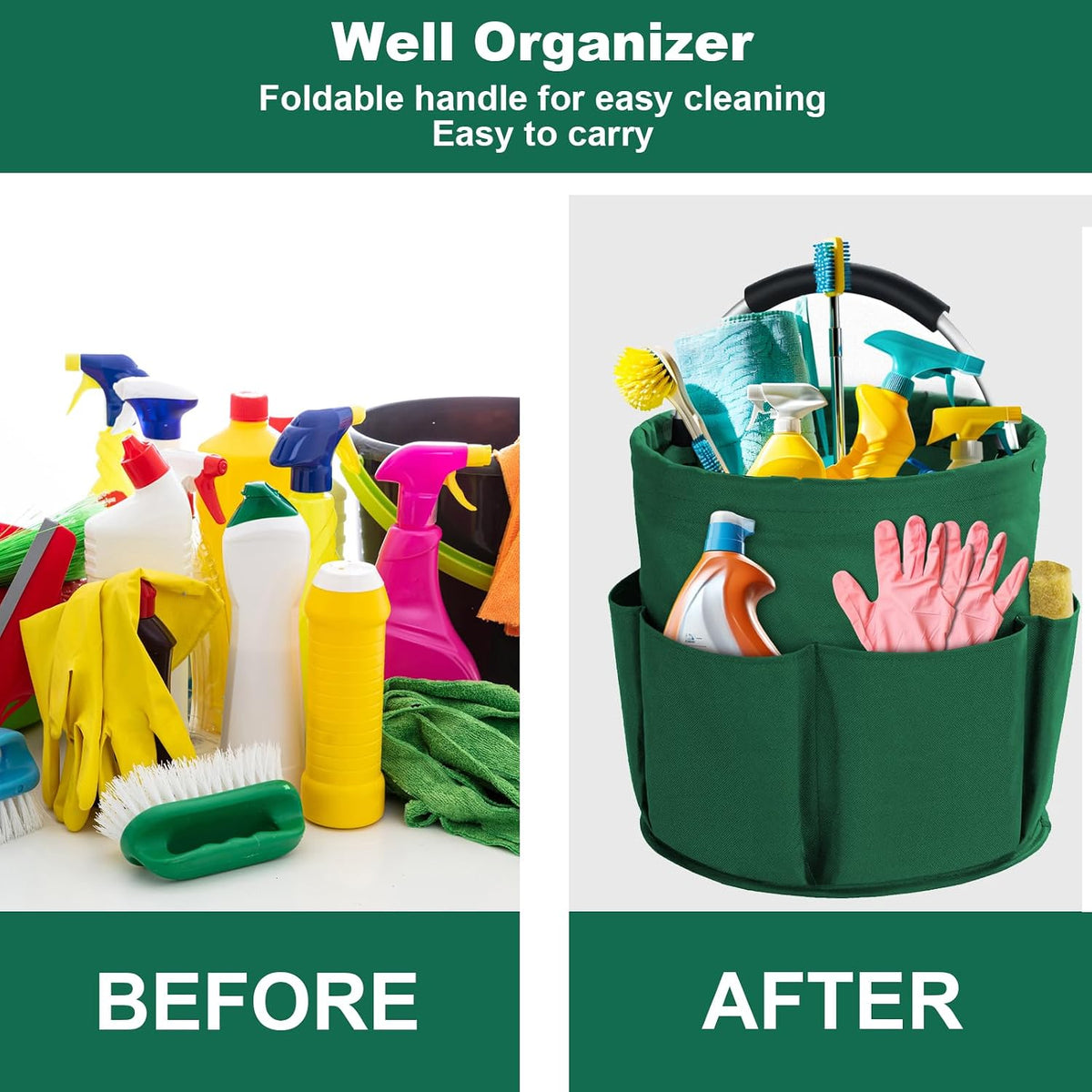 Cleaning Caddy with Handle, Cleaning Products Organiser, 17L Foldable Storage Basket, Cleaning Caddy Organiser, Portable Multi Cleaning Bucket Bag for Home, Garden (Green)