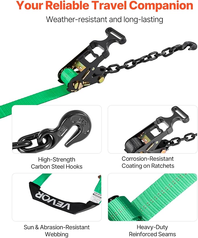 VEVOR Wheel Chock Tie-Down Kit, Tire-Style Tow Dolly Strap, Car Kit with Heavy-Duty Hook, Break Strength 10009 lbs & Working Load 3333 lbs Motorcycle Tie-Down System with O-Ring for ATV, SUV