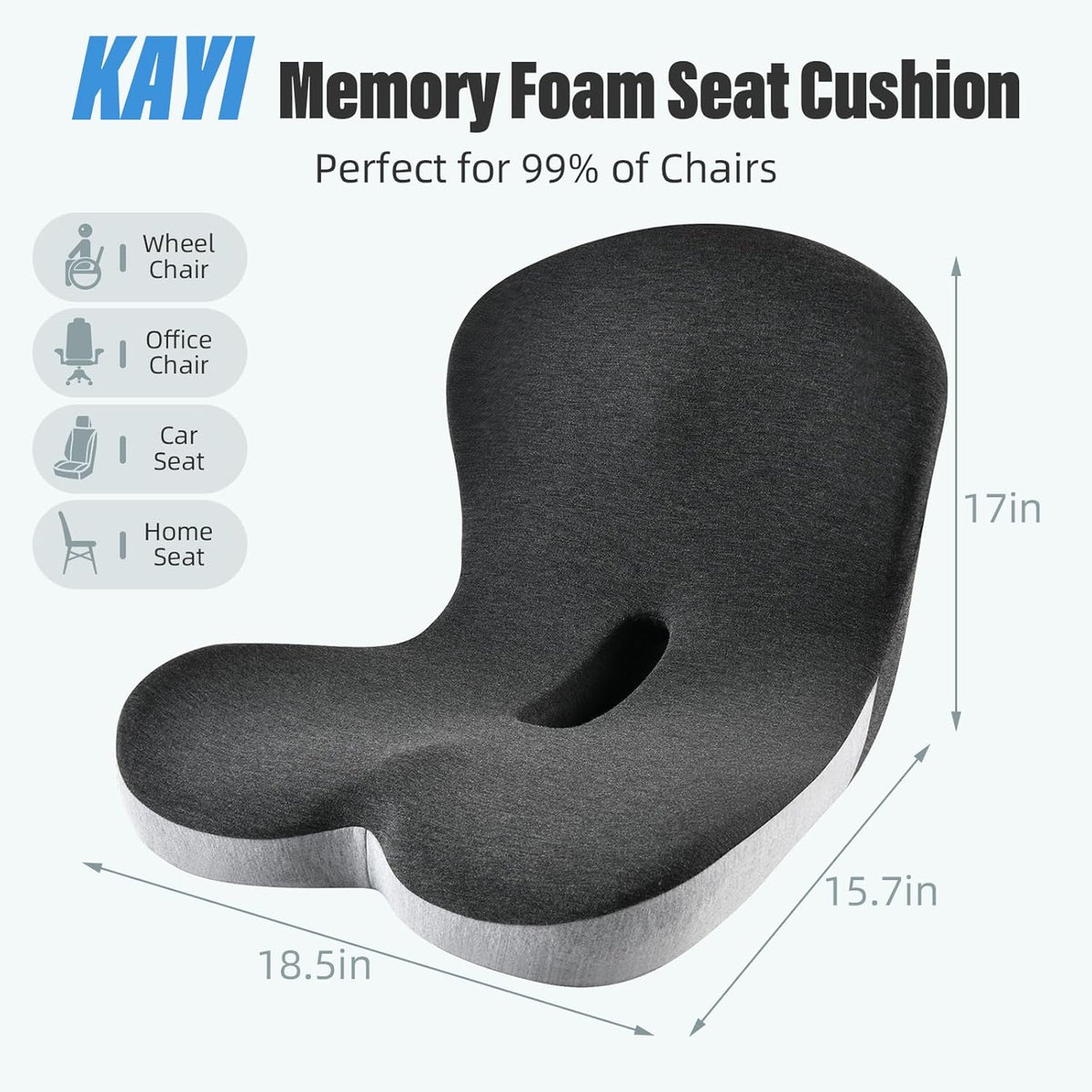 KAYI Memory Foam Seat Cushion with Lumbar Support Pillow One Piece, L-Shaped Ergonomic Design for Back Pain Relief, for Car, Truck and Office Chair (Black+Grey)
