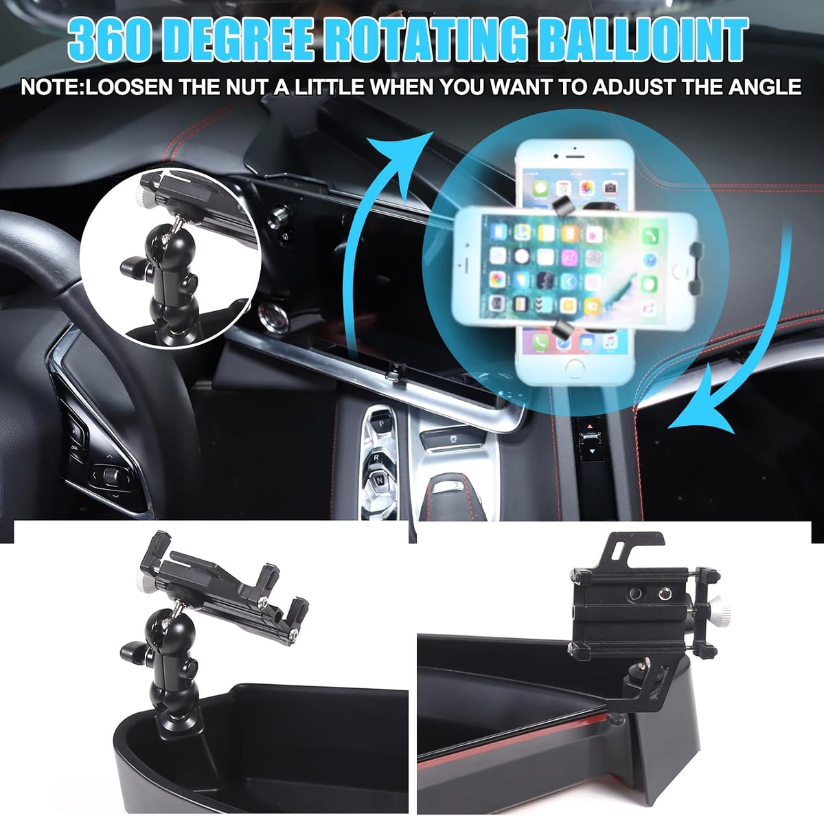 for Corvette C8 Center Console Tray Phone Holder Mount Organizer,360 Degree Rotatable Phone Holder Stand Navigation Screen Rear Storage Box Organizer Tray for Corvette C8 2020-2024 2025 (Style C)