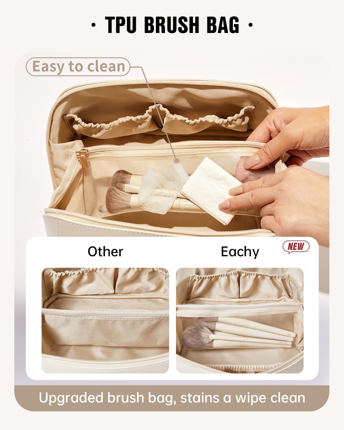 EACHY Travel Makeup Bag for Women, PU Leather Cosmetic Bag, White, Large