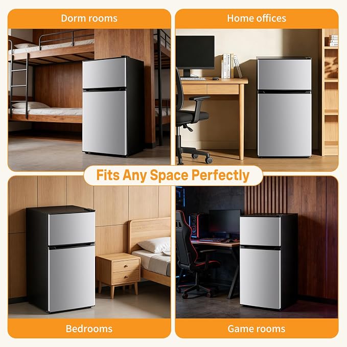 NEWBULIG Mini Fridge with Freezer, 3.2 Cu.Ft Fridge for Small Space, Silver | Double Door Compact Refrigerator, 7-Level Thermostat, 41 dB Quiet, 0.8 kWh Daily, Dorm, Office, Apartment