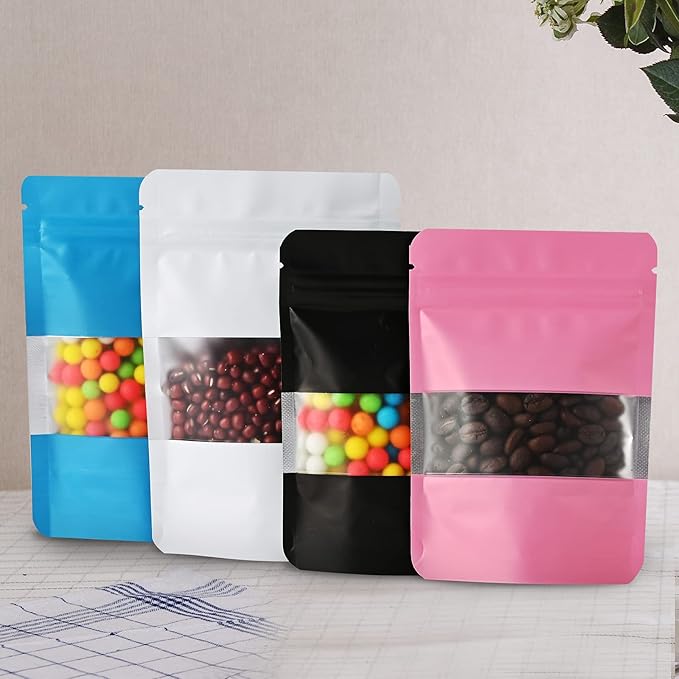 100 Pieces Smell Proof Mylar Resealable Food Storage Bags With Clear Window, Foil Pouch Stand-up for Self Sealing Supplies (Black, 4.7 x 7.8 Inch)