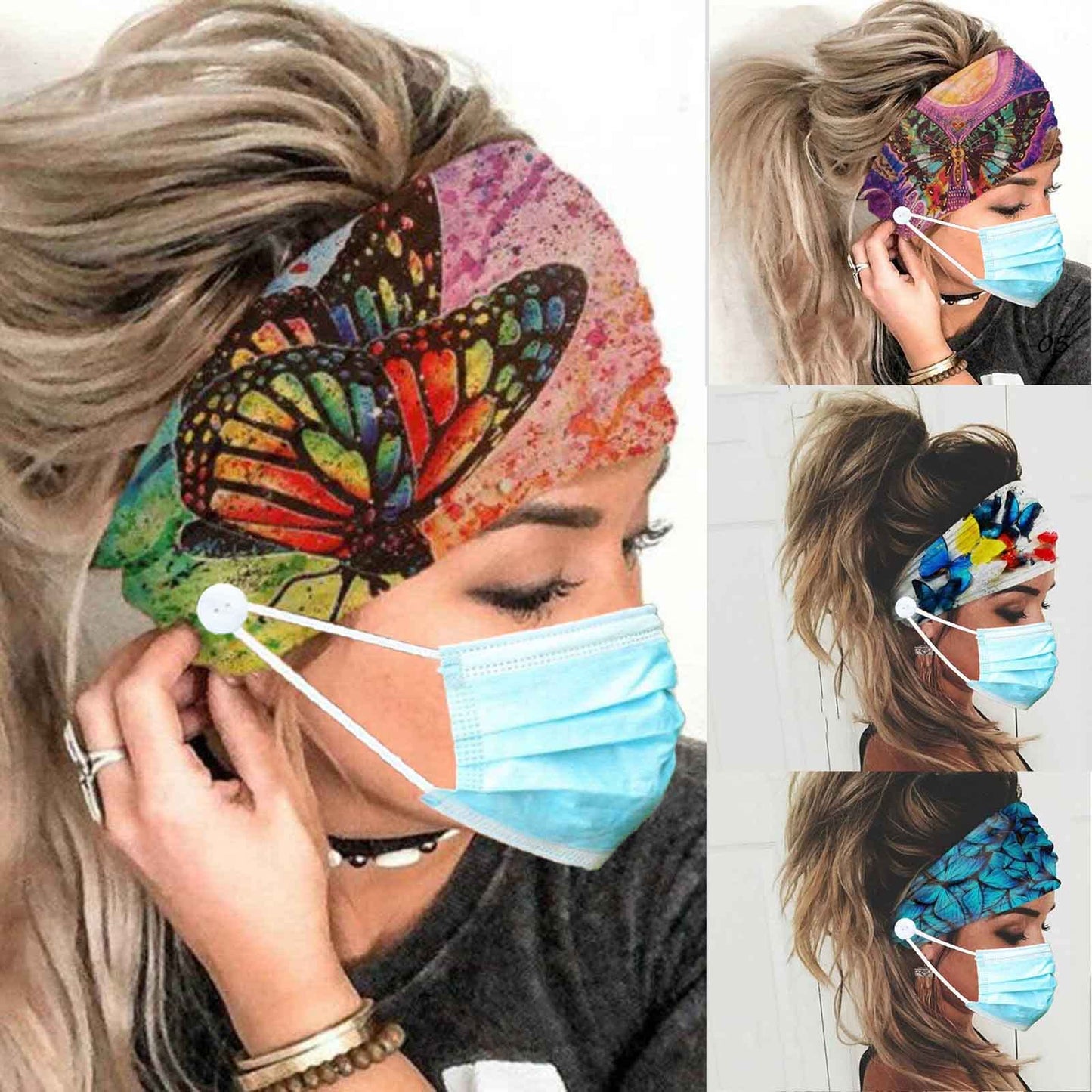 Olbye Wide Boho Headbands Headwrap Butterfly Stretch Button Hair Bands Bandana Yoga Running Athletic Turban Head Bands Head Scar