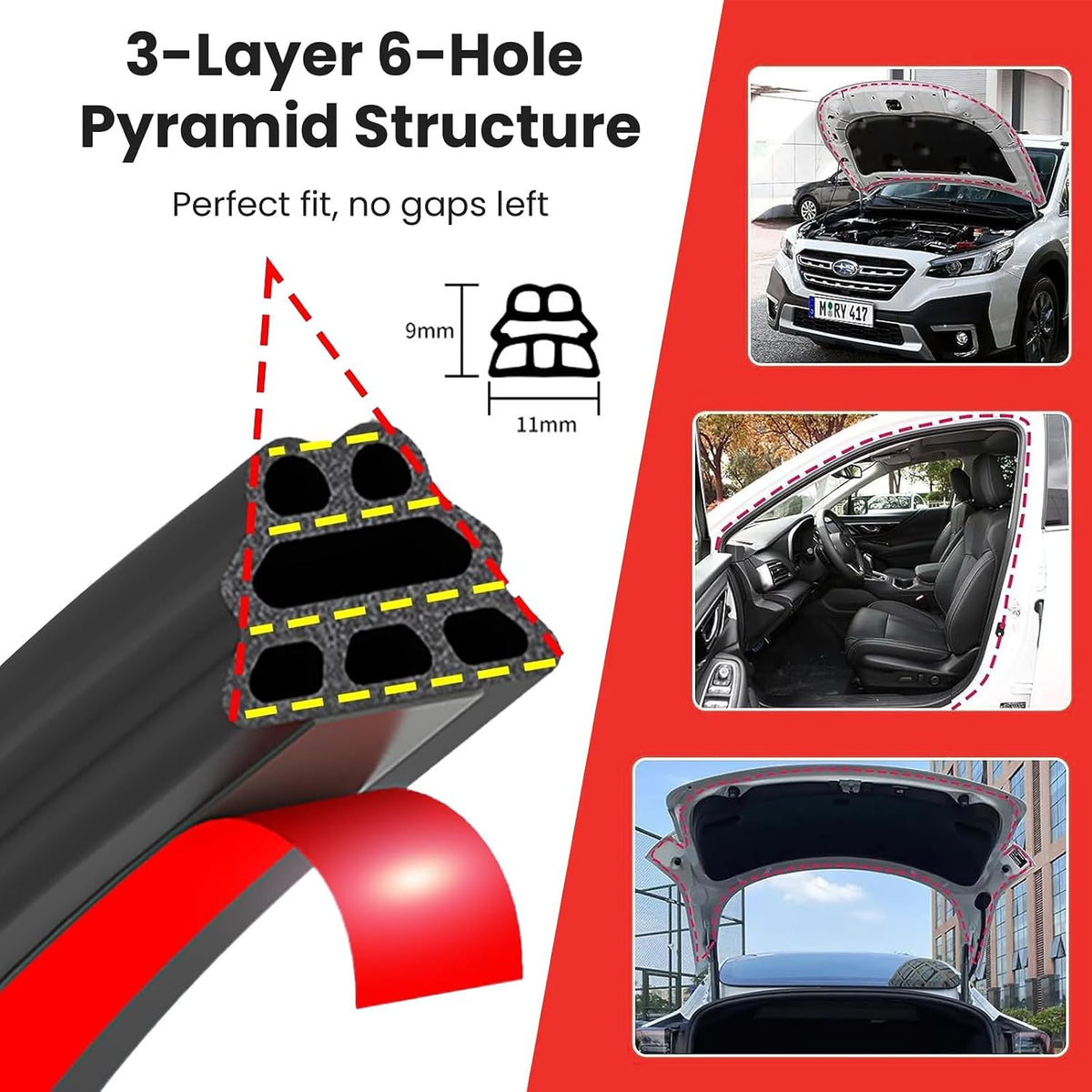 Car Door Rubber Seal Strip Automotive Weather Stripping Double Layer Auto Weatherstrip Universal Self Adhesive Soundproof Sealing Strip for Cars Truck Rv Pickup(32.8FT)