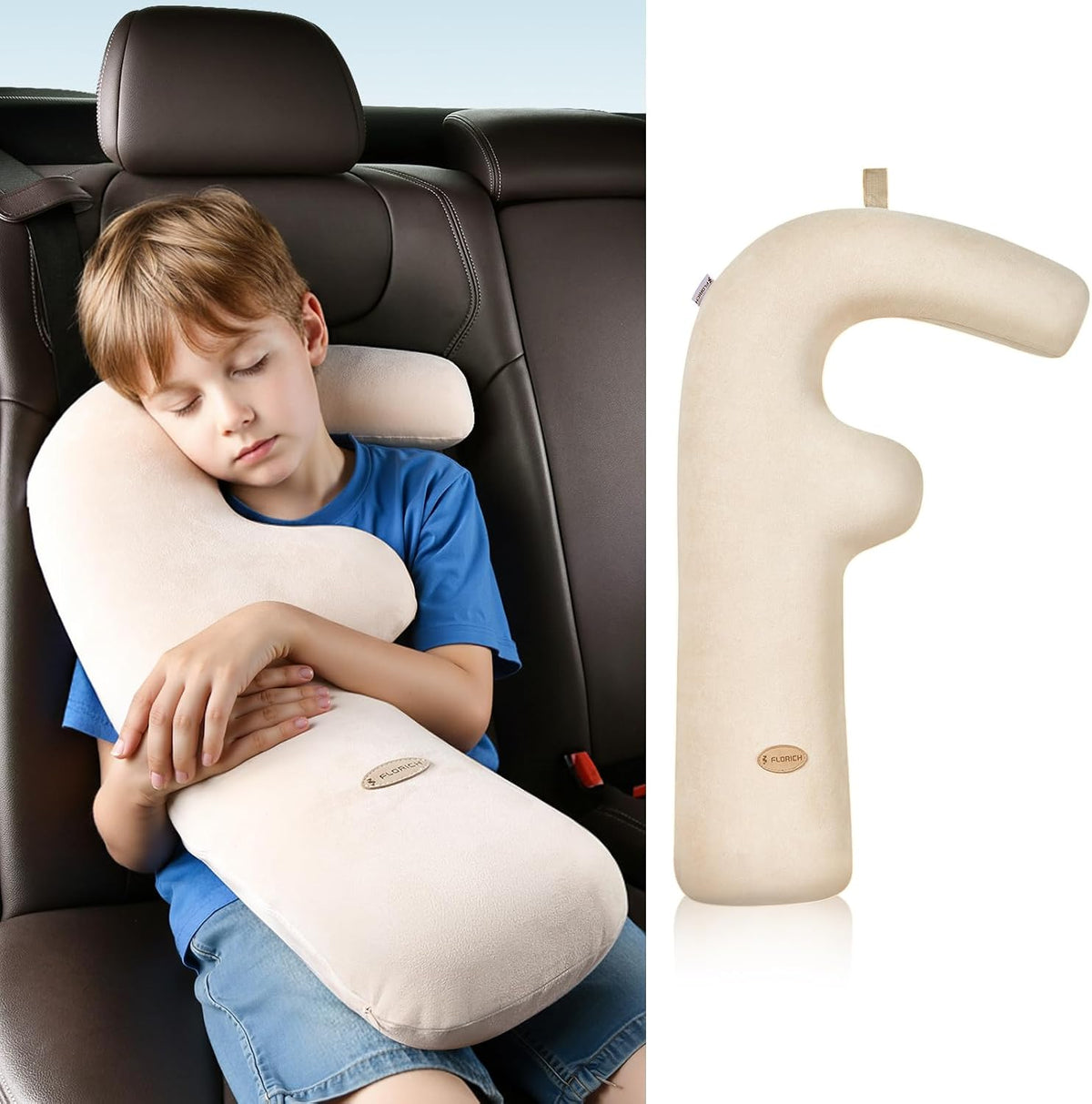 FLORICH Memory Foam Kids Travel Pillow, Car Sleeping Pillow, F-Shape Car Pillows for Adults and Children, Traveling Car Pillow for Kids with Removable Pillowcase (Beige)