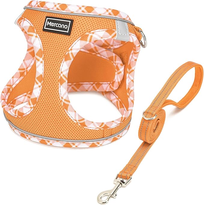 Mercano Soft Mesh Dog Harness and Leash Set, No-Chock Step-in Reflective Breathable Lightweight Easy Walk Vest Harnesses with Safety Buckle for Small Dogs, Cats (Orange, L)