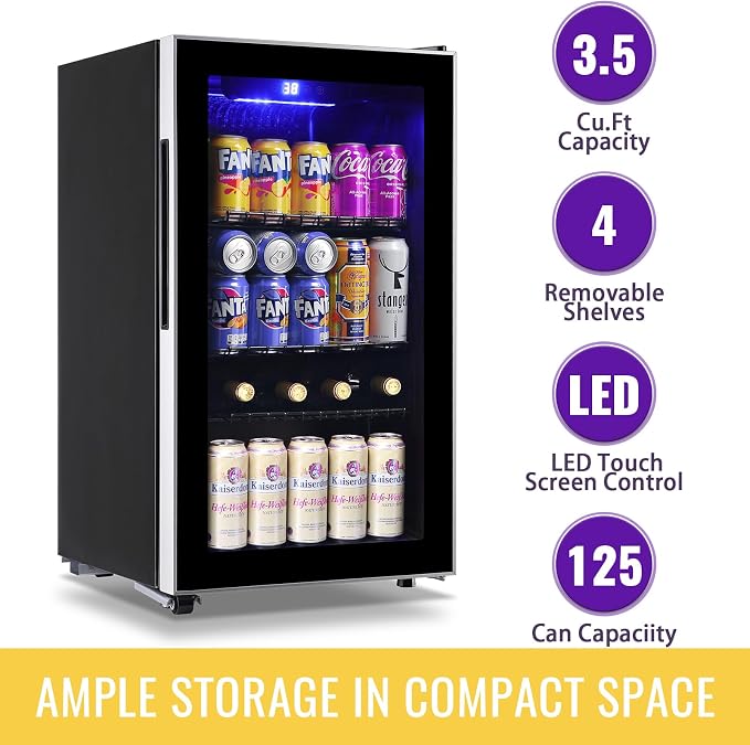 3.5 Cu.ft Beverage Refrigerator & Mini Cooler with LED Touch Panel 125 Can Small Beer Fridge with Glass Door for Wine Soda Juice Clear Front Removable Shelves for Home Office Bar